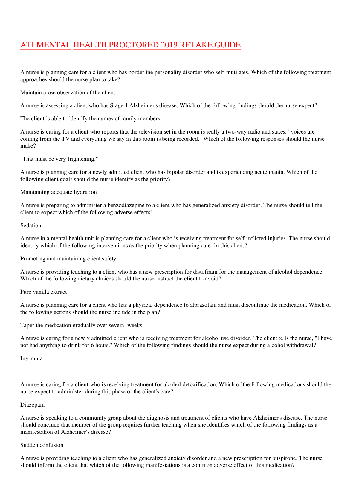 Preview image for ATI MENTAL HEALTH PROCTORED EXAM (2019) RETAKE GUIDE